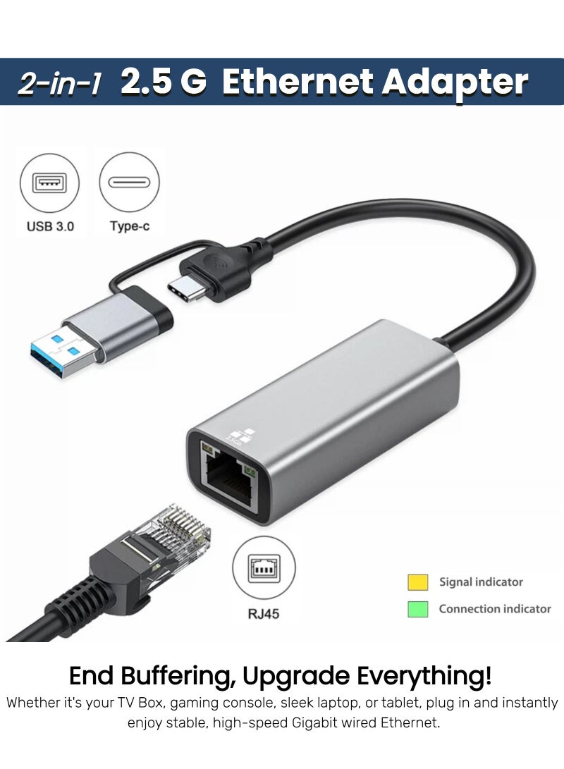  أورا سيليكت محول USB/Type-C إلى 2.5G Gigabit Ethernet، منفذ مزدوج (USB-A و Type-C)، شريحة RTL8156B لأجهزة MacBook و Huawei Laptop Gaming PC، بطاقة شبكة LAN عالية السرعة، لا تحتاج إلى برنامج تشغيل لنظامي Win11/Mac - Image 1